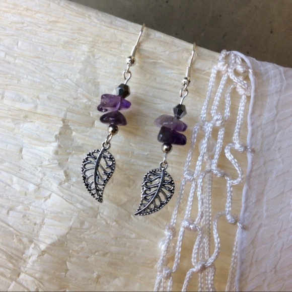 🌸 AMETHYST DANGLE DROP GEMSTONE METAL LEAF EARRINGS GYPSY BOHO PURPLE GEM TREND - Picture 6 of 7